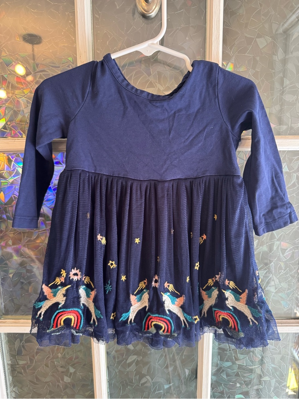 Hanna Andersson Navy Blue Unicorn Embroidered Long-Sleeve Dress